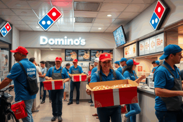 Immagine di un fattorino Domino's Pizza mentre consegna una pizza.
