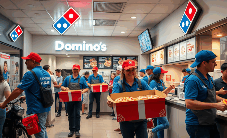 Immagine di un fattorino Domino's Pizza mentre consegna una pizza.