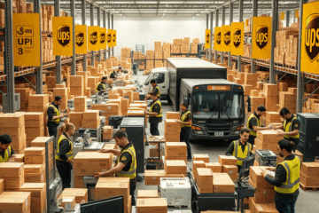 Immagine che rappresenta assistenti alla spedizione e smistamento UPS in un ambiente di lavoro.