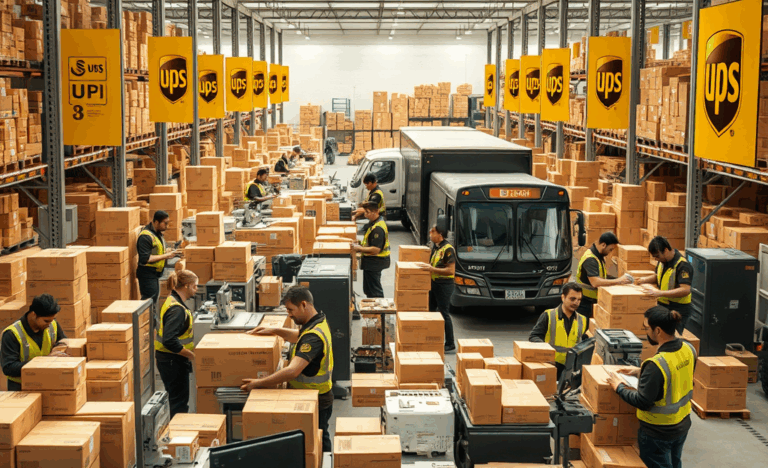 Immagine che rappresenta assistenti alla spedizione e smistamento UPS in un ambiente di lavoro.