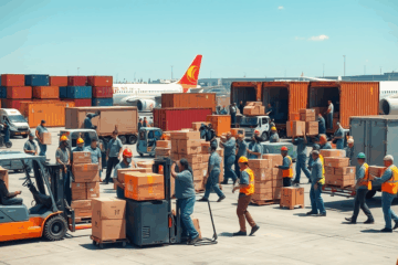 Operatori di carico e scarico in azione durante la movimentazione delle merci.