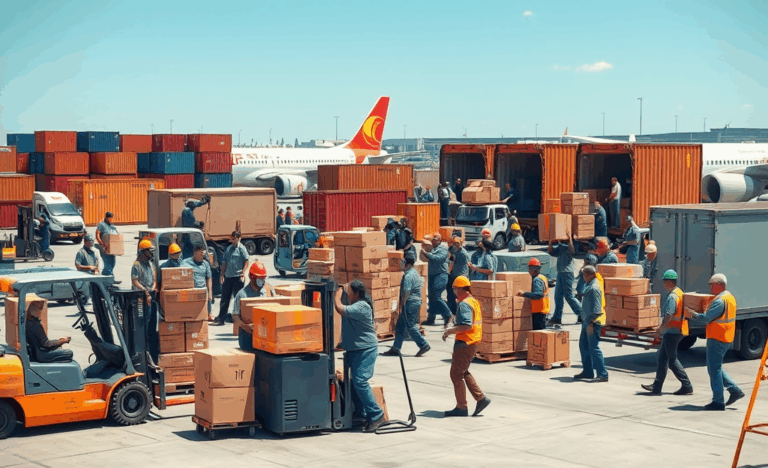 Operatori di carico e scarico in azione durante la movimentazione delle merci.