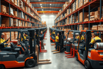 Operatori di carrello elevatore in un magazzino durante il lavoro.