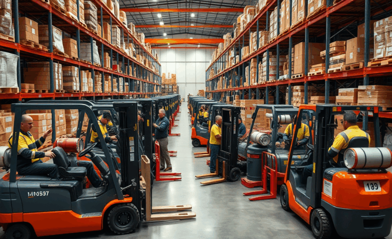 Operatori di carrello elevatore in un magazzino durante il lavoro.