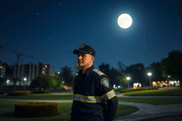 Un guardiano notturno in servizio, pronto a proteggere e vigilare su strutture e aree di lavoro.