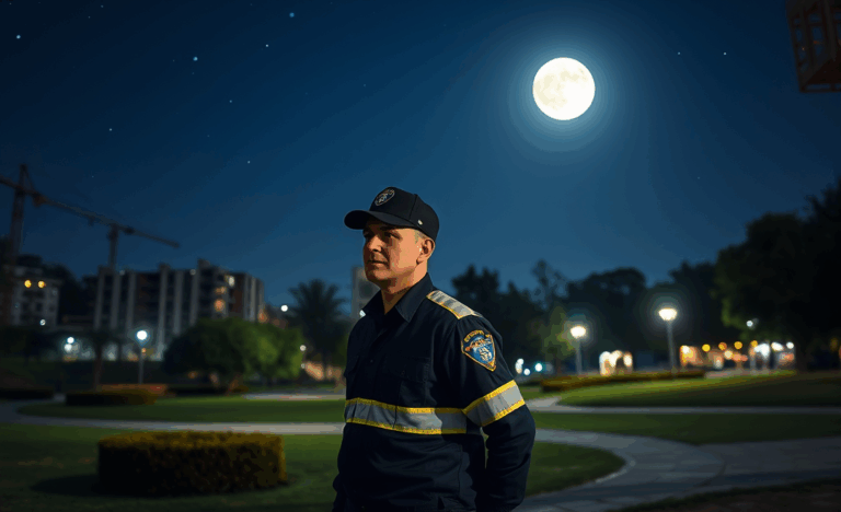 Un guardiano notturno in servizio, pronto a proteggere e vigilare su strutture e aree di lavoro.