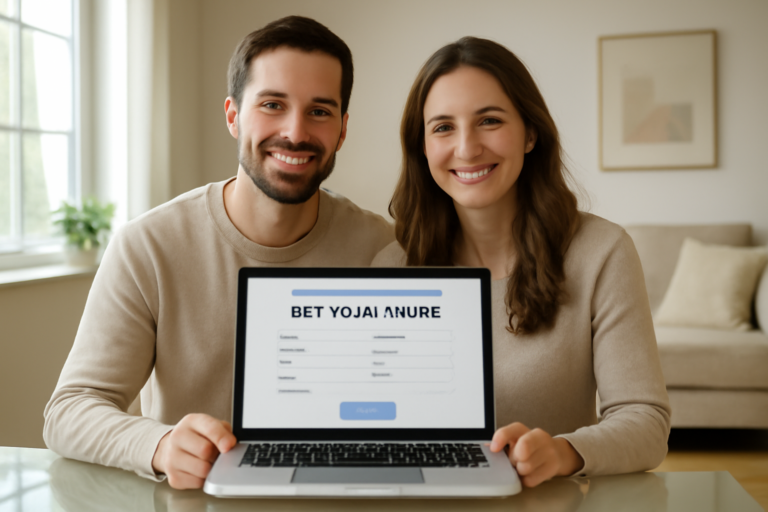 Coppia sorridente in soggiorno moderno con laptop che mostra una richiesta di prestito online rapida per comprare casa