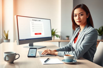 Donna professionista in ufficio moderno che richiede online un credito d'emergenza con interfaccia digitale chiara e ambiente luminoso