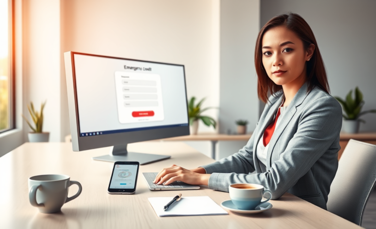 Donna professionista in ufficio moderno che richiede online un credito d'emergenza con interfaccia digitale chiara e ambiente luminoso