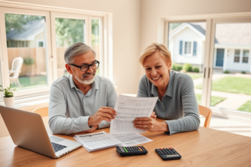 Coppia sorridente che esamina documenti finanziari in cucina luminosa, soluzione conveniente credito ipotecario rate ridotte per casa