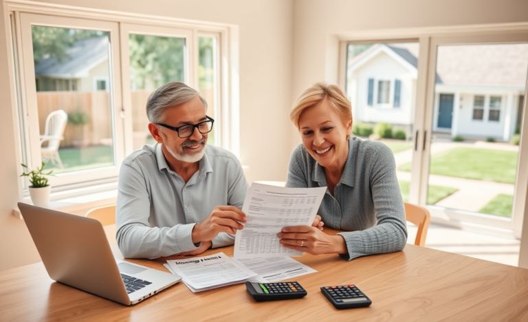 Coppia sorridente che esamina documenti finanziari in cucina luminosa, soluzione conveniente credito ipotecario rate ridotte per casa