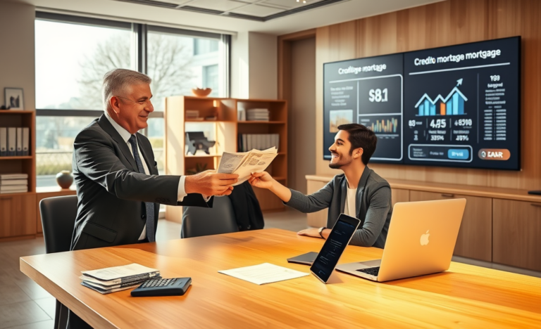 Interno moderno di banca con professionista che consegna liquidità immediata a coppia soddisfatta per credito ipotecario veloce