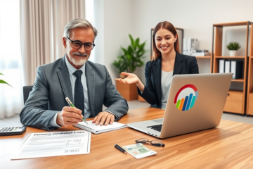 Uomo italiano in ufficio moderno riceve consulenza finanziaria su credito personale garantito con condizioni e vantaggi chiari e professionali