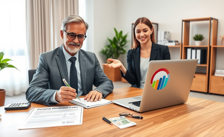 Uomo italiano in ufficio moderno riceve consulenza finanziaria su credito personale garantito con condizioni e vantaggi chiari e professionali