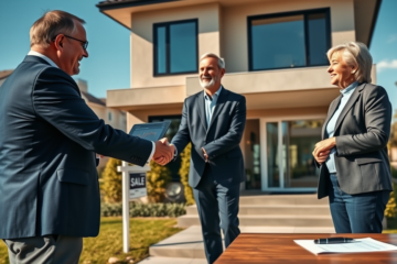 Agente immobiliare professionale stringe la mano a una coppia davanti a una casa moderna, con valutazione rapida e condizioni chiare