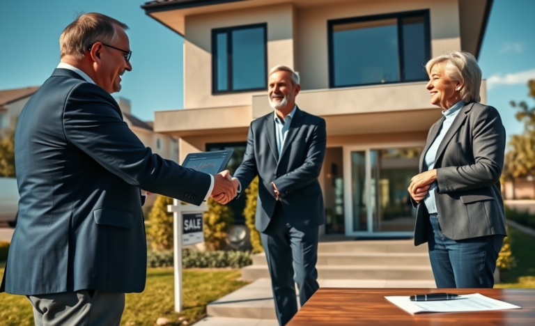 Agente immobiliare professionale stringe la mano a una coppia davanti a una casa moderna, con valutazione rapida e condizioni chiare