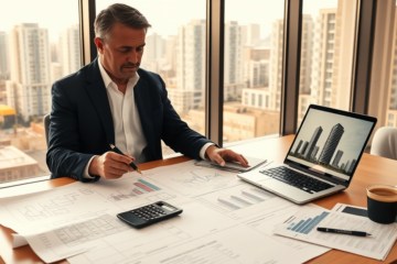 Uomo in ufficio moderno valuta piani di investimento immobiliare con grafici finanziari e progetti durante guida al credito personale rapido