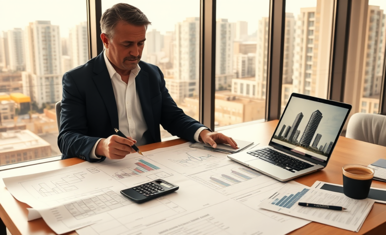 Uomo in ufficio moderno valuta piani di investimento immobiliare con grafici finanziari e progetti durante guida al credito personale rapido