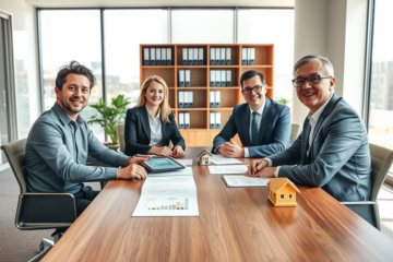 Coppia che discute condizioni speciali e vantaggi di mutuo ipotecario con consulente bancario in ufficio moderno luminoso