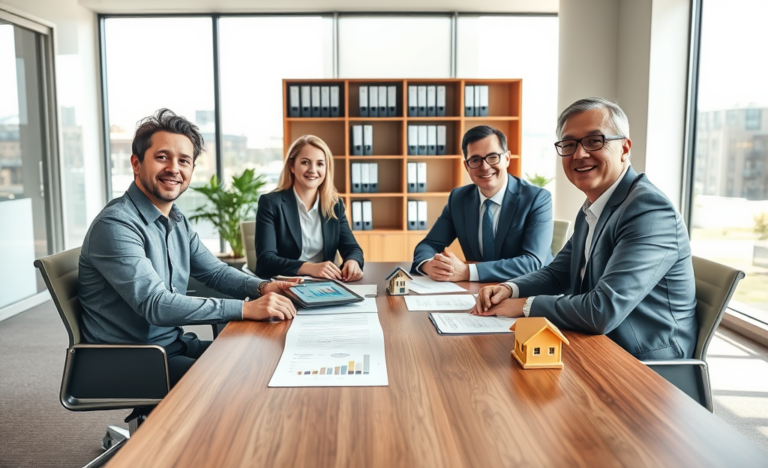 Coppia che discute condizioni speciali e vantaggi di mutuo ipotecario con consulente bancario in ufficio moderno luminoso