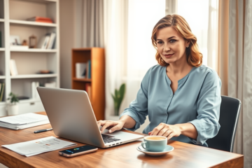 Donna che utilizza un laptop in un ufficio domestico moderno cercando soluzione tramite credito personale rapido per crisi finanziaria improvvisa
