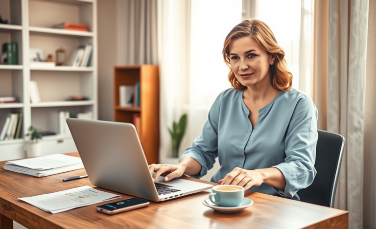 Donna che utilizza un laptop in un ufficio domestico moderno cercando soluzione tramite credito personale rapido per crisi finanziaria improvvisa