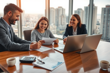 Giovane coppia con consulente finanziario in ufficio moderno mentre firma prestito personale per acquisto immobili con tassi competitivi