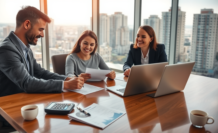 Giovane coppia con consulente finanziario in ufficio moderno mentre firma prestito personale per acquisto immobili con tassi competitivi