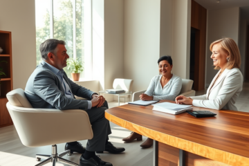 Coppia che consulta un consulente bancario in un ufficio moderno luminoso per un mutuo ipotecario rapido e conveniente