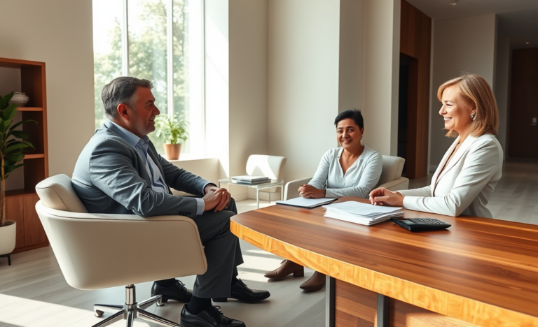 Coppia che consulta un consulente bancario in un ufficio moderno luminoso per un mutuo ipotecario rapido e conveniente