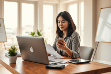 Giovane professionista in ambiente moderno che utilizza smartphone e documenti per soluzione rapida di prestito personale per urgenze