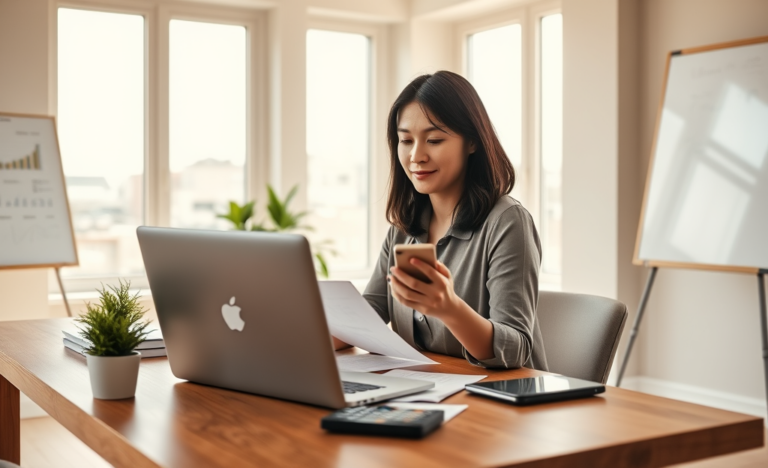 Giovane professionista in ambiente moderno che utilizza smartphone e documenti per soluzione rapida di prestito personale per urgenze