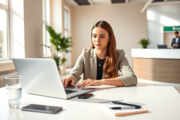 Donna professionista concentrata su laptop moderno in ufficio luminoso durante una richiesta semplice e veloce di prestito personale