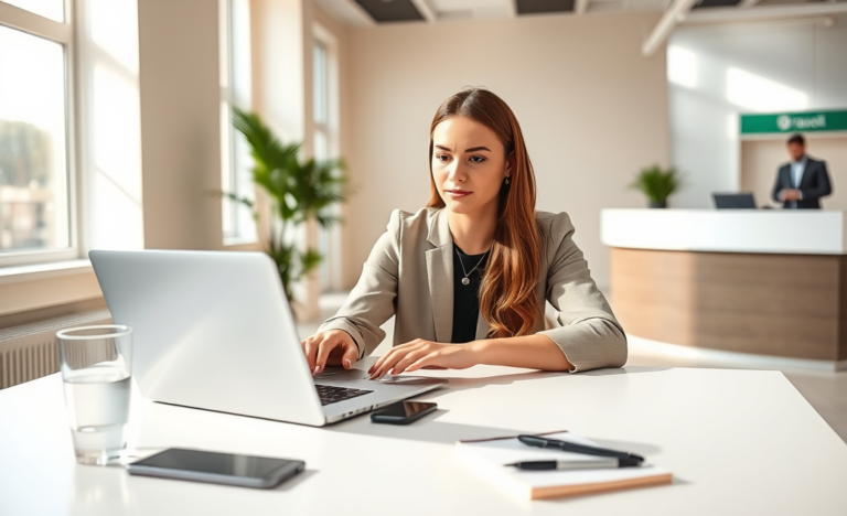 Donna professionista concentrata su laptop moderno in ufficio luminoso durante una richiesta semplice e veloce di prestito personale