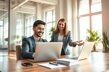 Giovane professionista felice in ufficio moderno mentre richiede un prestito personale semplice e veloce con assistenza finanziaria