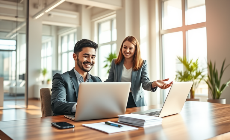 Giovane professionista felice in ufficio moderno mentre richiede un prestito personale semplice e veloce con assistenza finanziaria