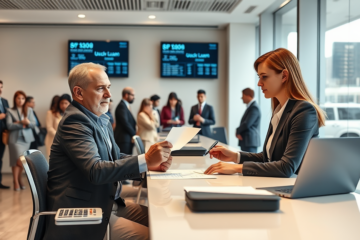 Cliente che firma urgentemente un prestito personale presso un banco moderno con operatore bancario e ambiente luminoso