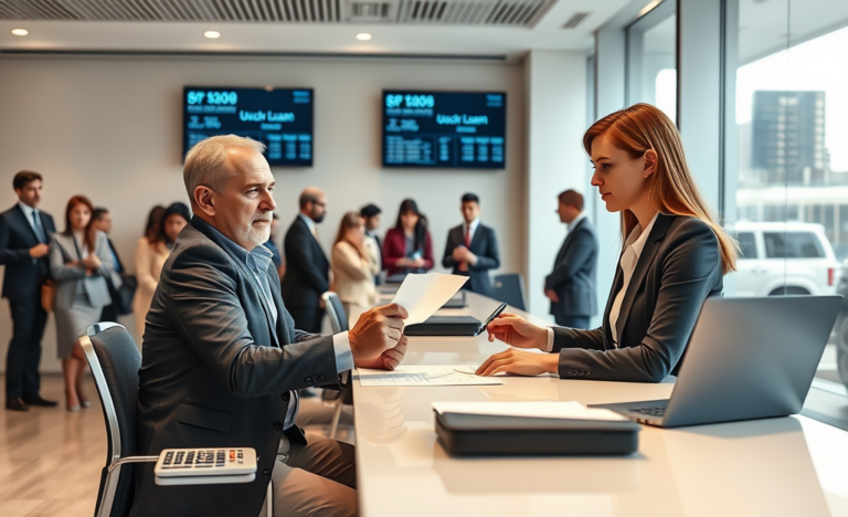 Cliente che firma urgentemente un prestito personale presso un banco moderno con operatore bancario e ambiente luminoso