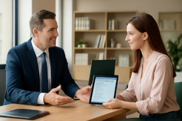 Interno moderno di banca con uomo e donna che discutono prestito personale in clima professionale e accogliente