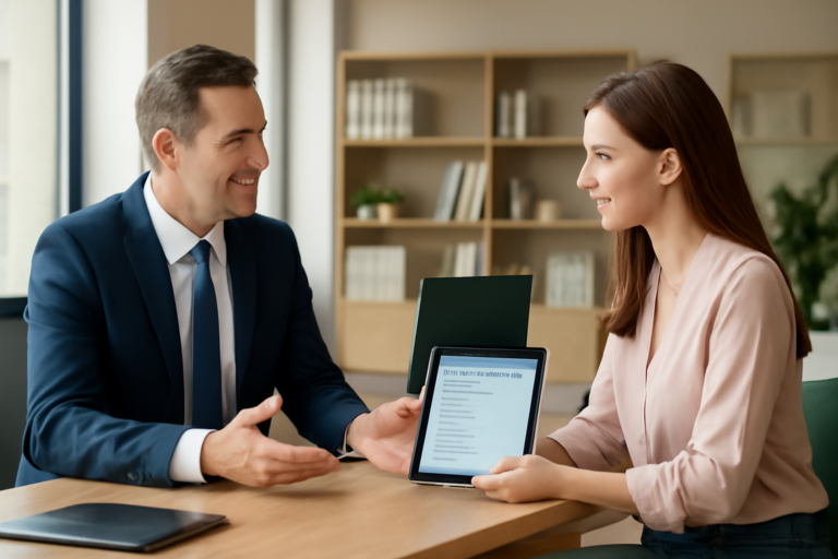 Interno moderno di banca con uomo e donna che discutono prestito personale in clima professionale e accogliente