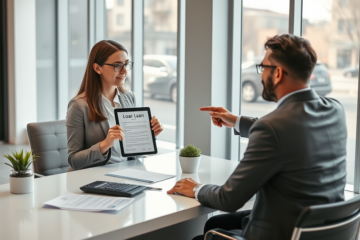 Donna che richiede un prestito personale Findomestic urgente in un ufficio moderno con consulente che illustra moduli digitali