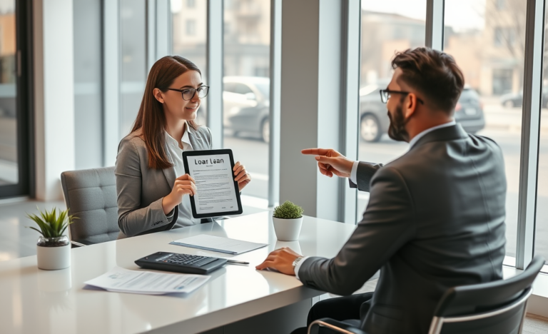 Donna che richiede un prestito personale Findomestic urgente in un ufficio moderno con consulente che illustra moduli digitali