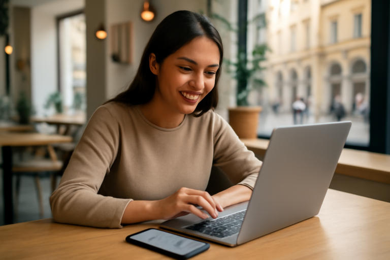 Giovane donna italiana che richiede un prestito personale online da un moderno caffè con laptop e smartphone in mano