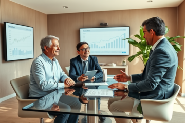 Ufficio finanziario moderno con consulente che illustra un prestito personale Crediper soluzione rapida a coppia soddisfatta