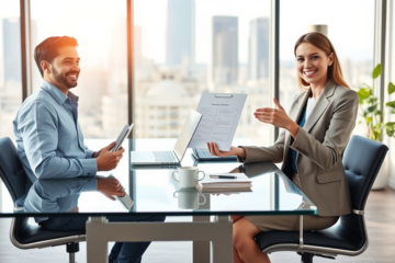 Giovane uomo italiano in ufficio moderno che ottiene approvazione rapida per prestito personale con assistente finanziaria sorridente