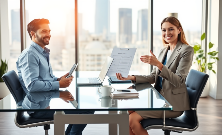 Giovane uomo italiano in ufficio moderno che ottiene approvazione rapida per prestito personale con assistente finanziaria sorridente
